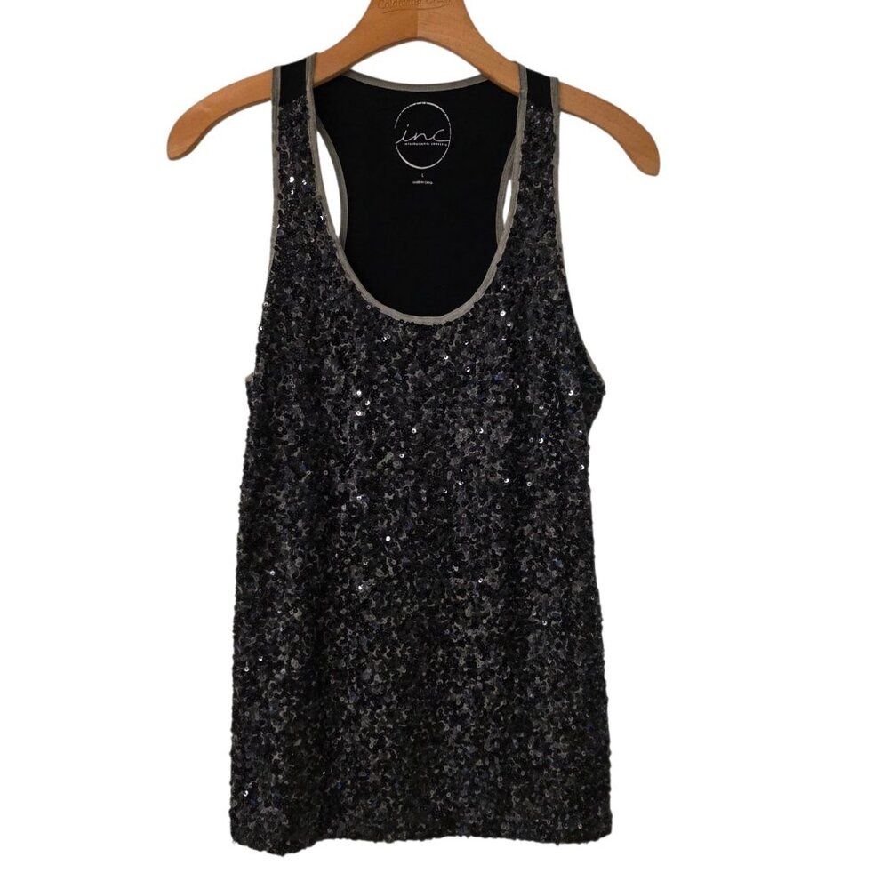 INC International Concepts Women’s Black Silver Sequin Tank Top Size L Holiday